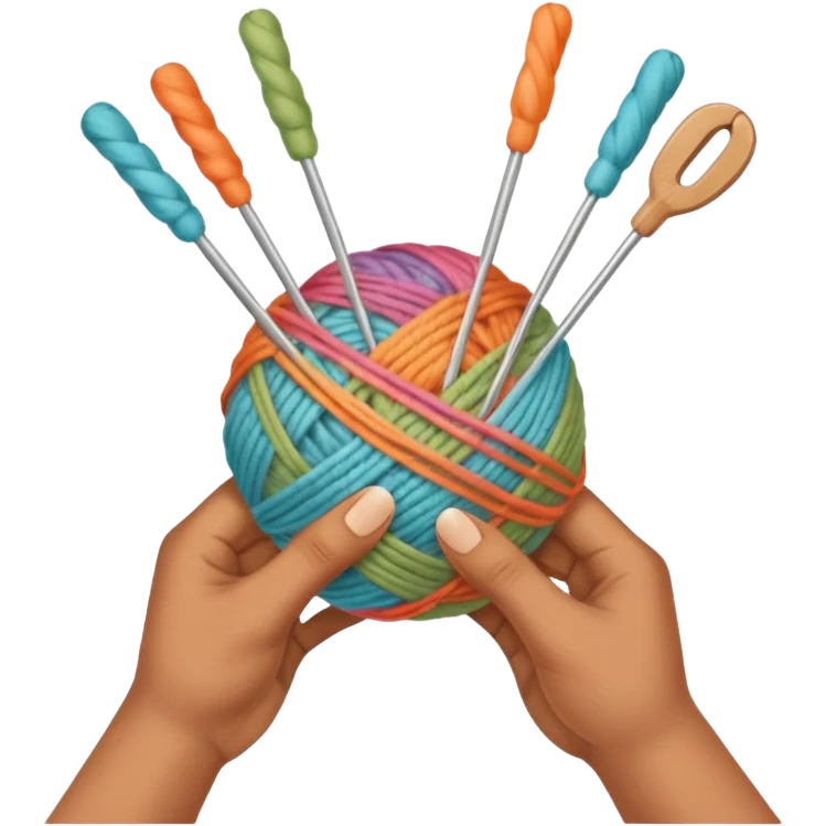 hands holding 2 knitting needles (1 on the right hand and another one on the left hand) with a ball of knitting thread (without a person's face) emoji
