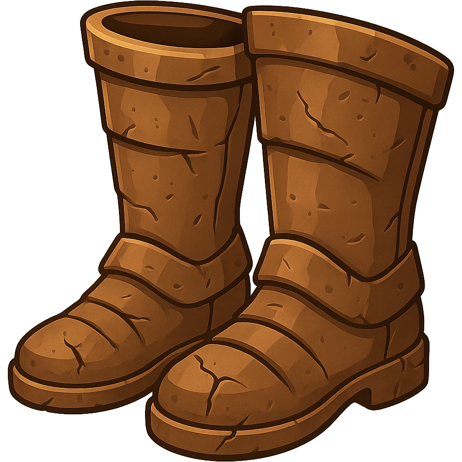 Transform these diamond boots into bronze boots, slightly broken and worn, with visible cracks or dents, in emoji style with transparent background. emoji