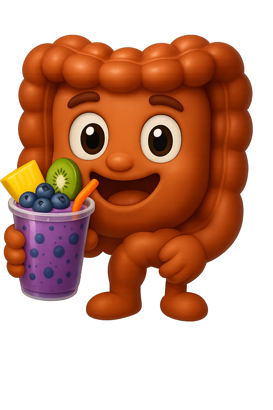 EMOJI STILE IPHONE DI un intestino umano anatomico che beve un frullato di mirtilli, ananas, kiwi, fagli anche la parte bianca degli occhi, non solo le pupille, REALISTICo 4K emoji