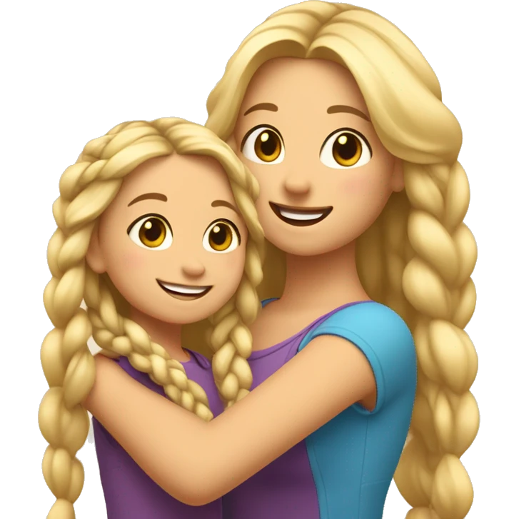 An emoji of a blonde mother with very long hair and a cheerful expression, standing next to her 3-year-old daughter, a small girl with black hair styled in two braids, both smiling happily together emoji