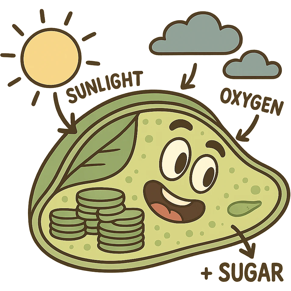 cartoon-style chloroplast at the cellular level showing the process of photosynthesis inside the leaf, transparent background emoji