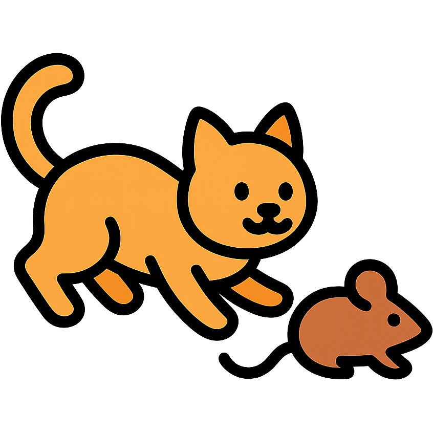 cat chasing a mouse icon with color and black outlines emoji