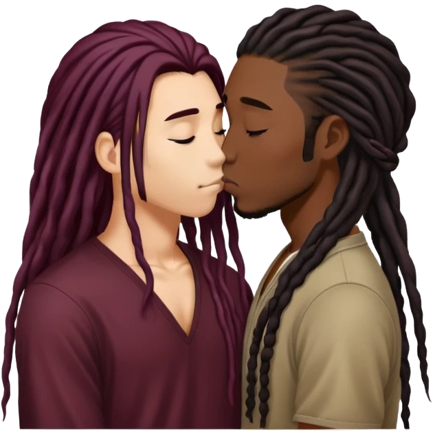 Dark Wine colored hair asian long hair, kissing young black guy with dreads emoji