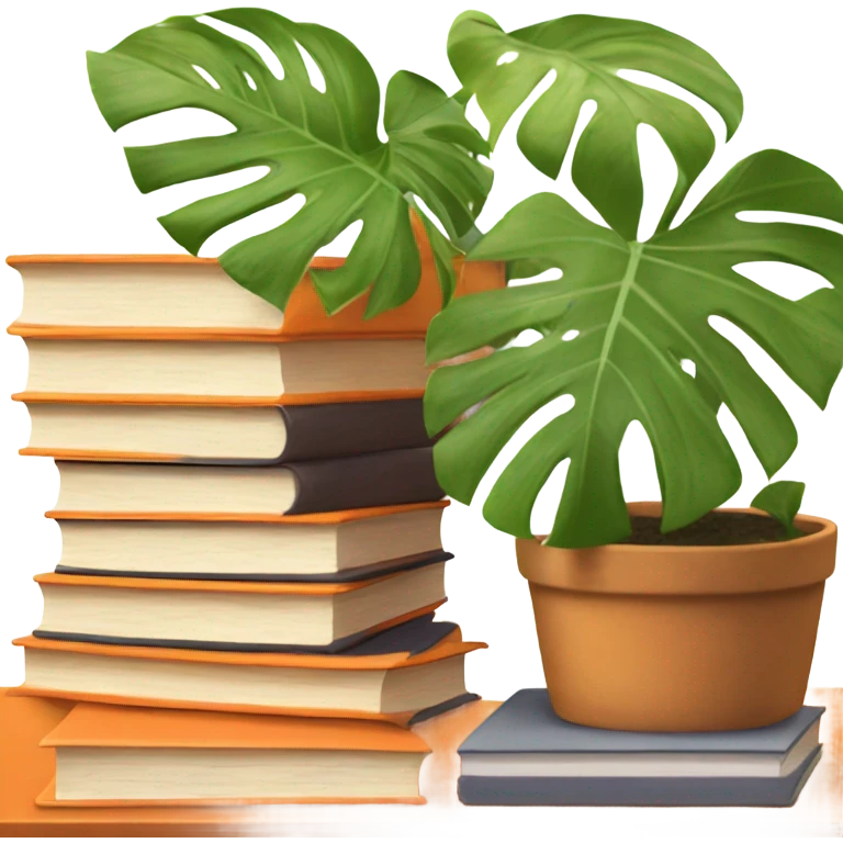 An aesthetically pleasing stack of books with orange covers and behind them a potted monstera  emoji