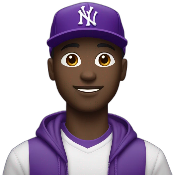 Young, dark-skinned guy in violet attire, wearing a violet NY cap and rocking violet Jordan 4s. 🟣🧢👟 emoji