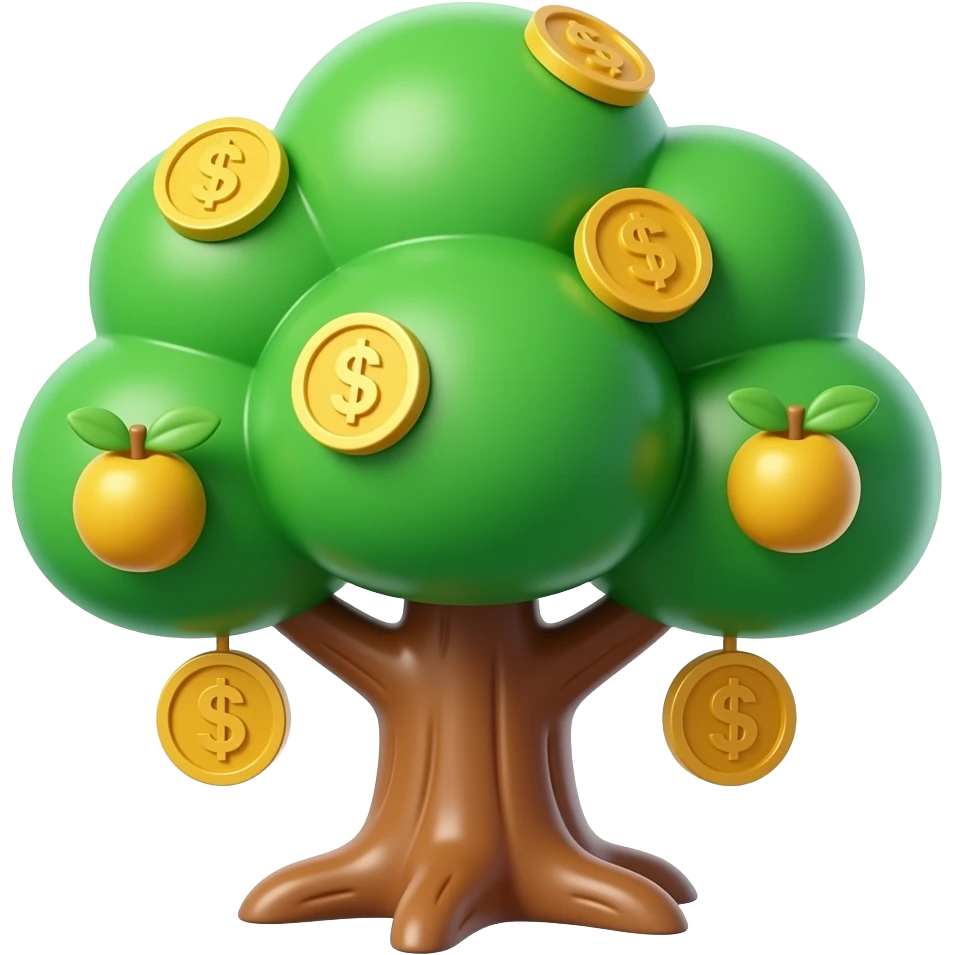High-quality 3D isometric icon of a stylized financial tree, lush green tree with many golden coins hanging from branches like fruits, thick canopy, very healthy and rich, glossy finish, vibrant colors, white background, mobile game asset style, high quality render, soft studio lighting. emoji