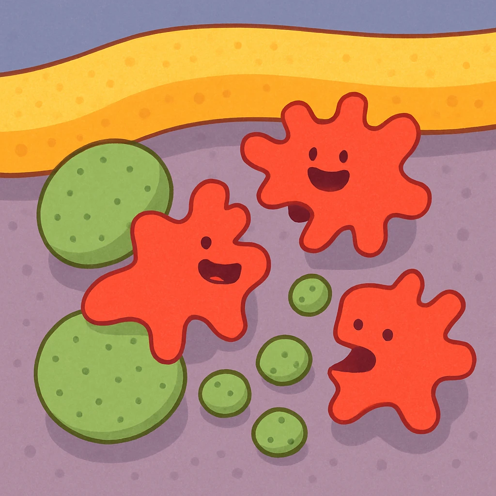 A realistic really detailed of enzymes (red) breaking down starch (green) near a cell membrane (yellow). Macro photography style. No labels. emoji