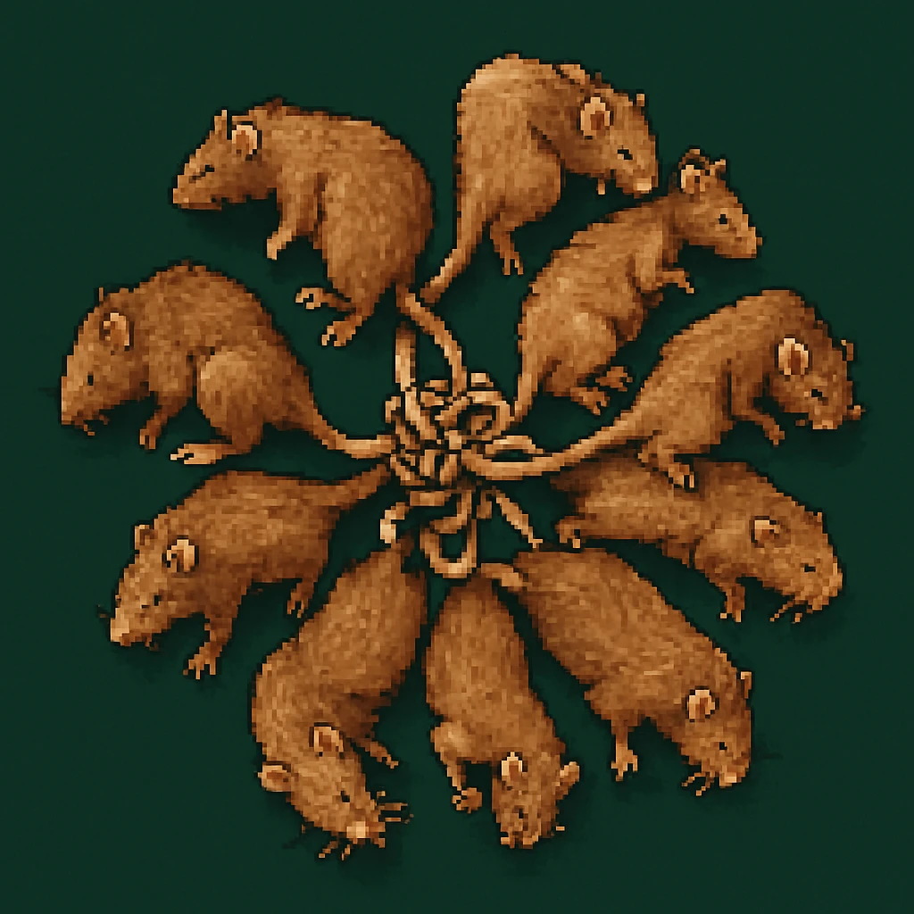 Create a pixel art version of a rat king, showing a realistic cluster of rats with their tails tangled in the center. Emphasize the circular arrangement and detail of the tails. The style should mimic pixel art as closely as possible. emoji