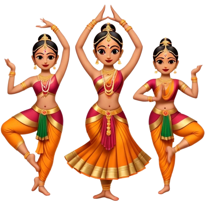 Cinematic Realistic Bharatanatyam Dance Emoji, depicted as an elegant classical Indian dance performance with graceful poses, intricate costumes, and expressive hand gestures, rendered with rich textures and warm dramatic lighting that captures its timeless beauty. emoji