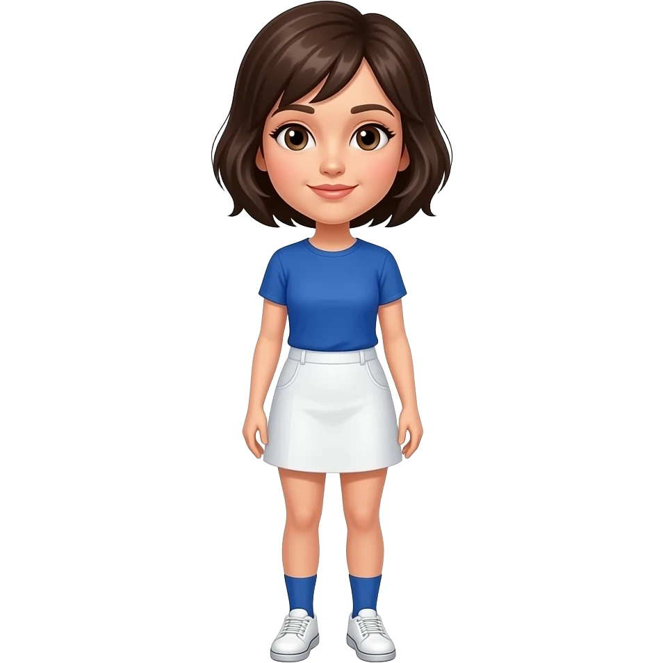 A woman with Brown eyes, Dark brown hair styled as a shoulder length Pixie cut, fair skinned and wearing a white skort, a royal blue T-shirt, sky blue socks and White shoes. emoji