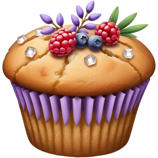 Lavender flower sprigs on a muffin with berries and sugar crystals without frosting  emoji