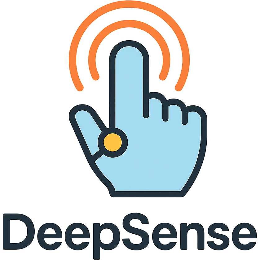 modern simple logo for 'DeepSense' with a stylized touch icon such as a finger with radiating lines or waves, conveying robots sensing through touch, minimal colors, smooth curves emoji