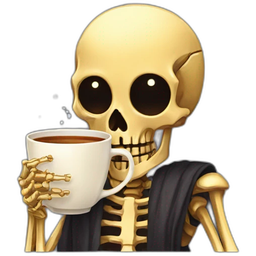 a golden skeleton with hair and golden eyes drinking tea pixel art emoji