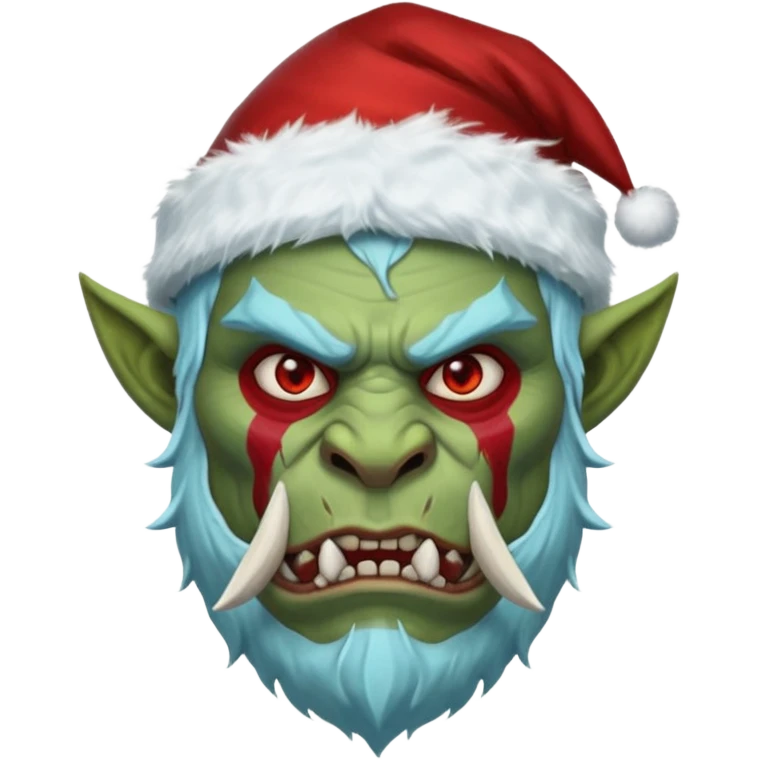Fantasy orc portrait emoji, Santa Claus hat adapted for orc head with tusks, icy blue and deep red frost war paint on face, brutal winter warrior mood, strong facial features, minimal tribal design, clean high readability emoji style, male/female variant
 emoji