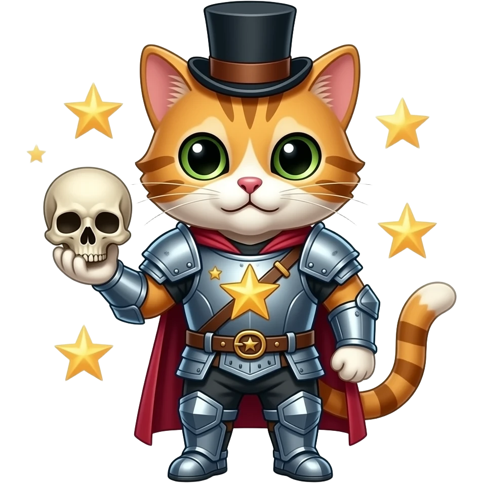 Faza um gato com armadura e com uma cartola e com mão de caveira com estrelas em volta emoji