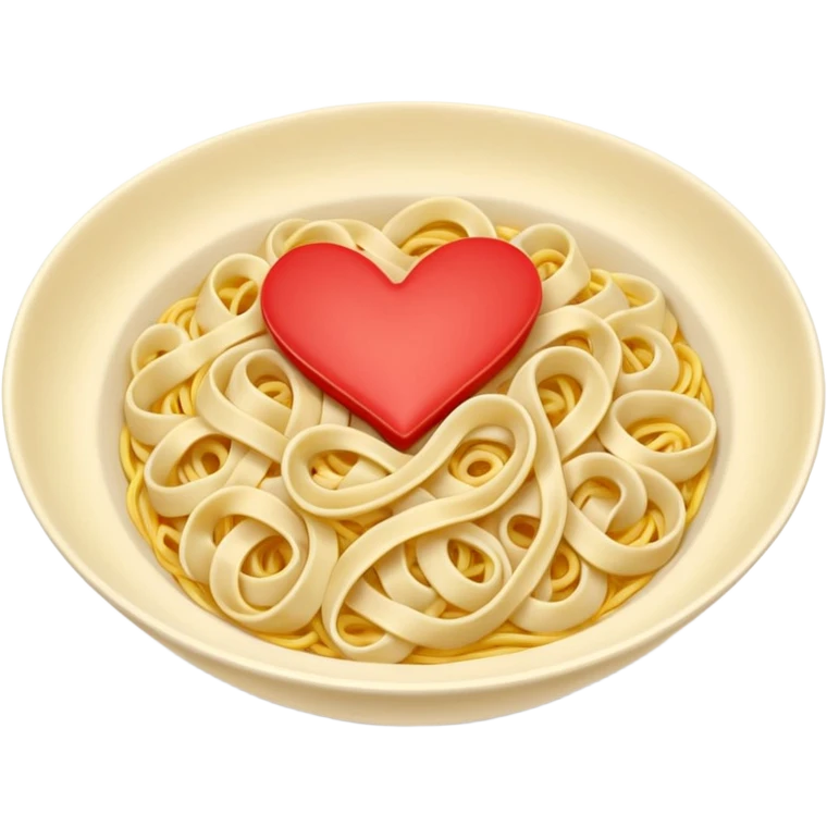 loose tangle of pale yellow cooked noodles with soft glossy texture and natural curves, strands slightly twisted and overlapping, freshly prepared dish, no bowl chopsticks or sauce, soft lighting, subtle shadows, emoji scale, make the noodles heartshaped and add tiny red hearts on the noodles emoji