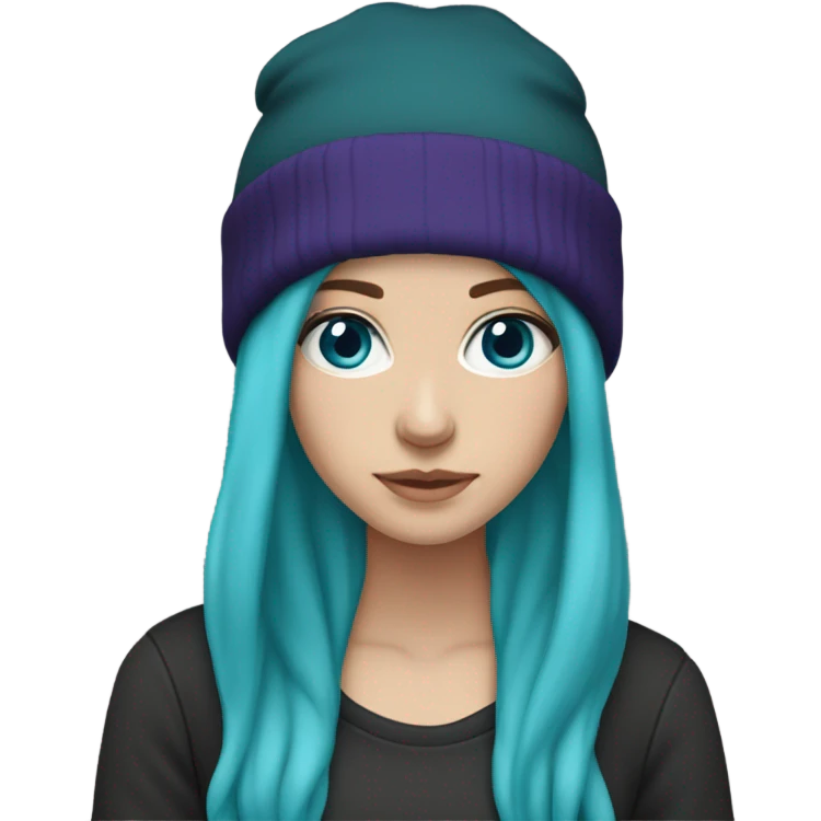 White girl, blue eyes, long teal hair, purple beanie hat, black hoodie emoji