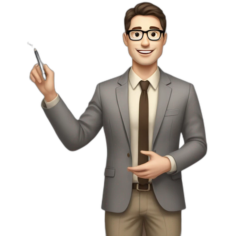 Pale skinned fit man with dark brown hair in gray jacket, beige office shirt, brown tie, brown pants and vintage glasses Writing text on the flipchart emoji
