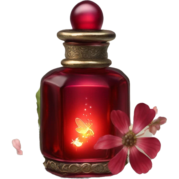Dark red magic fairy light sparkling old Antique oil perfume bottle with herbal and flowers emoji