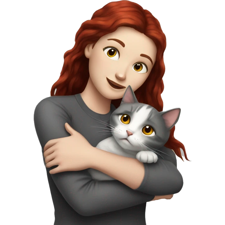 Realistic white girl dark red hair hugs grey cat emoji