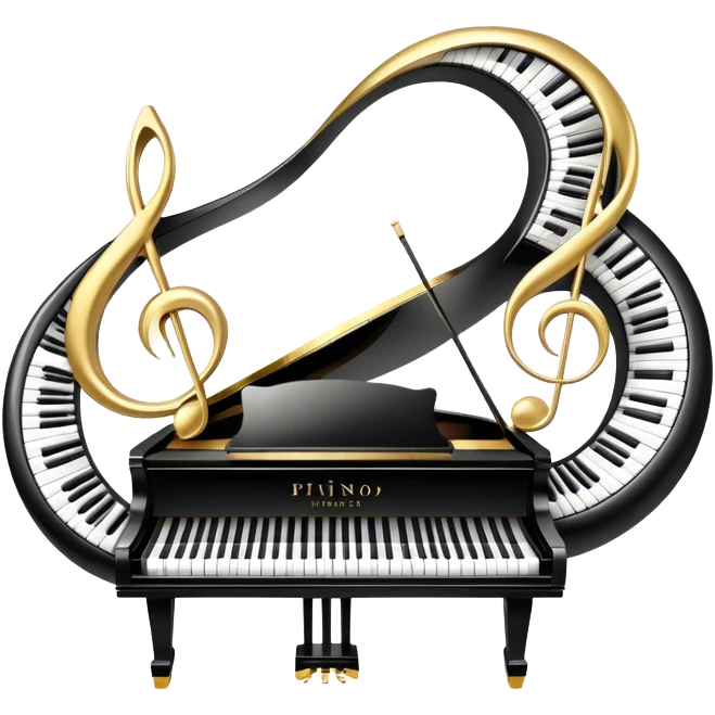 Create an elegant and festive emoji collage representing keyboard instruments, styled like a heraldic emblem. The design should feature a central focal point of black and white piano keys, arranged in a semi-circular or shield-like shape. Around the piano keys, add intertwining musical notes that form flowing ribbons, creating a dynamic and celebratory atmosphere. The design should be professional, with polished silver and gold accents on the keys and notes, highlighting the luxury and sophistication of the instruments. Add subtle shading and lighting effects to give the design a refined, 3D appearance. The background should remain transparent, and the overall feel should evoke grandeur, artistry, and a sense of celebration. emoji