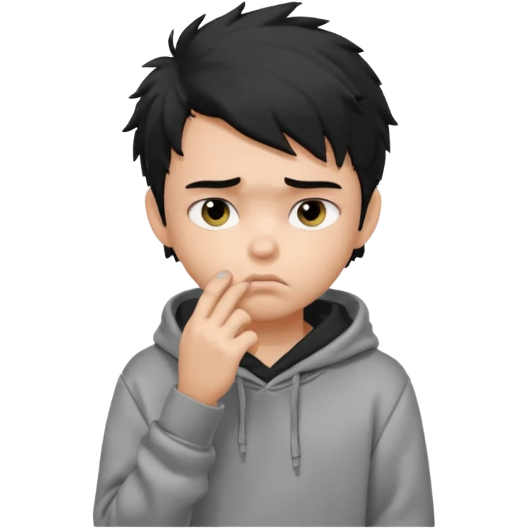 generate a pretty fair bratz boy with black messy hair looking sad with one hand on chin.  Wearing a grey hoodie emoji