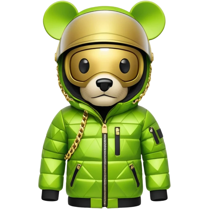 geometric bearbrick in lime graffiti balaclava wearing large snowboard style panoramic shield visor with single continuous lens, no eye division, luxury down jacket with fur, gold chains emoji