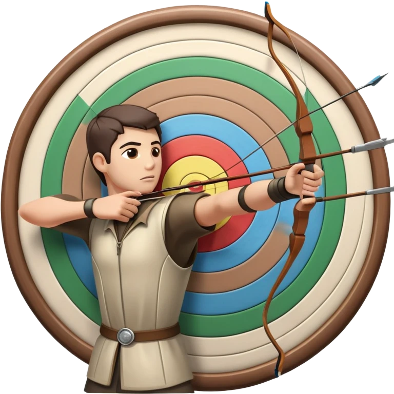 An archer pulling back a bowstring, aiming at a target in the distance. The target features concentric rings, and the scene conveys focus and precision. The background captures the essence of an outdoor archery range, highlighting skill and concentration in the sport. emoji