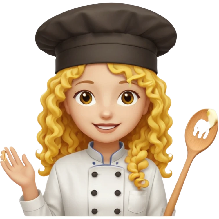 girl, yellow Long curly hair, happy, wearing chef uniform and chef hat emoji