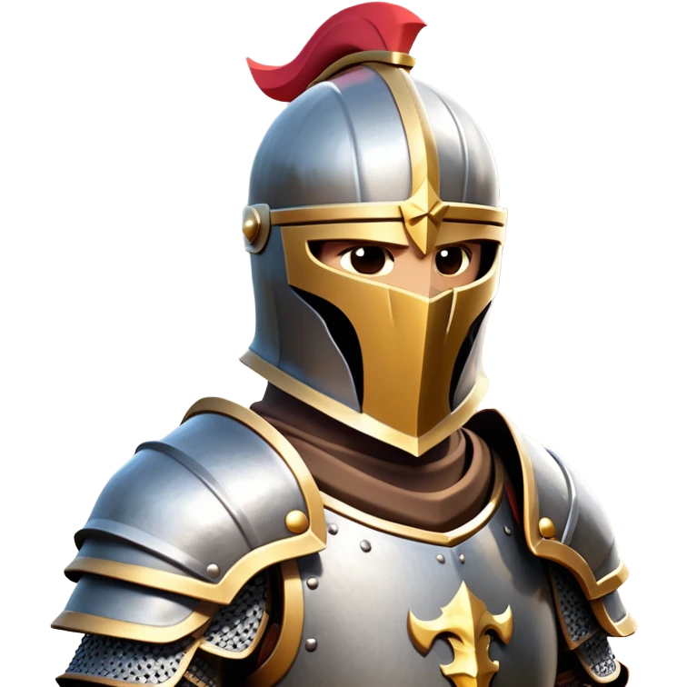 clash-of-clans-aesthetic_-cinematic-fearsome-and-majestic-knight-bust-portrait-emoji, rendered in a flat, vector-style with minimal shading and bold, simplified shapes, depicting a battle-ready medieval knight with steely eyes and intricate armor, mounted on a warhorse reflecting sunlight over a misty battlefield. emoji