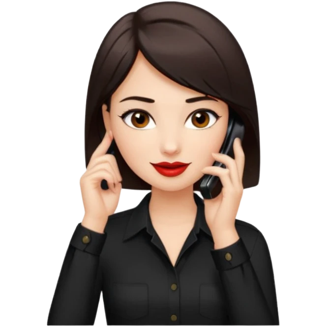 generate a pretty fair bratz girl with dark brown eyes. Dark brown hair straight short hair. tight black button up shirt with top shirt open.  Talking on the phone. Red lipstick, eyeliner on emoji