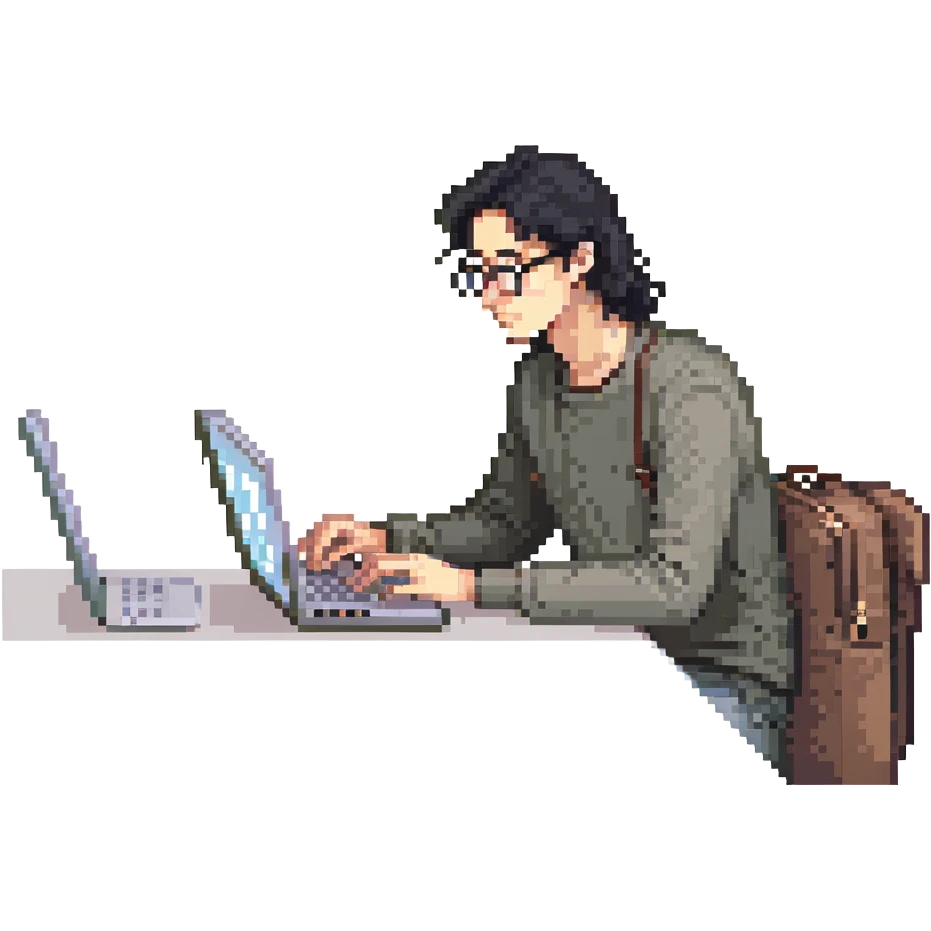 Guy with 3 inch long black hair and glasses on his laptop emoji