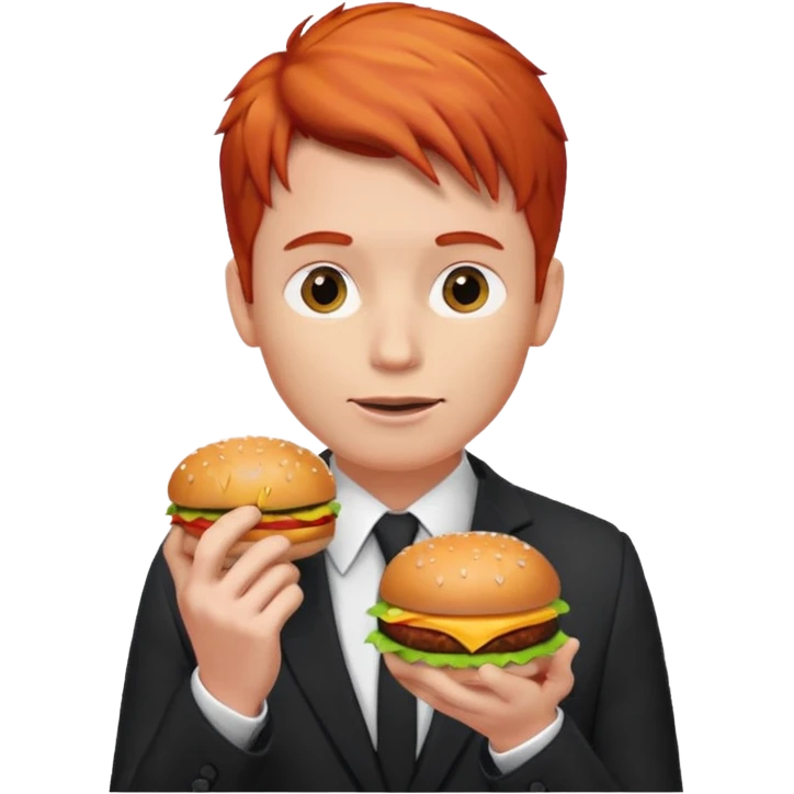 red haired male wearing suit eating hamburger emoji