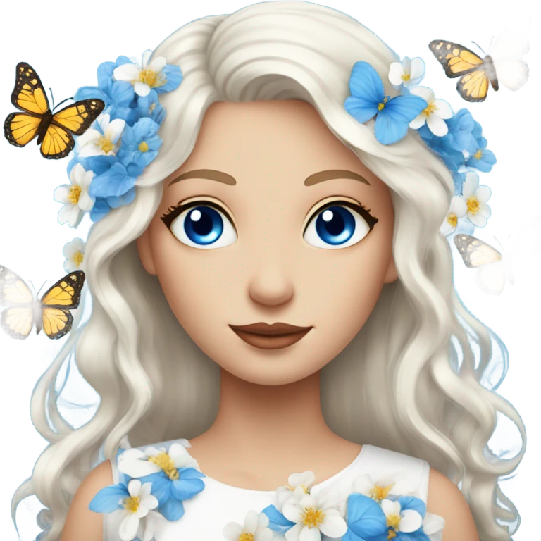 Gorgeous braun-hair white lady blue eyes with flowers and butterflies emoji