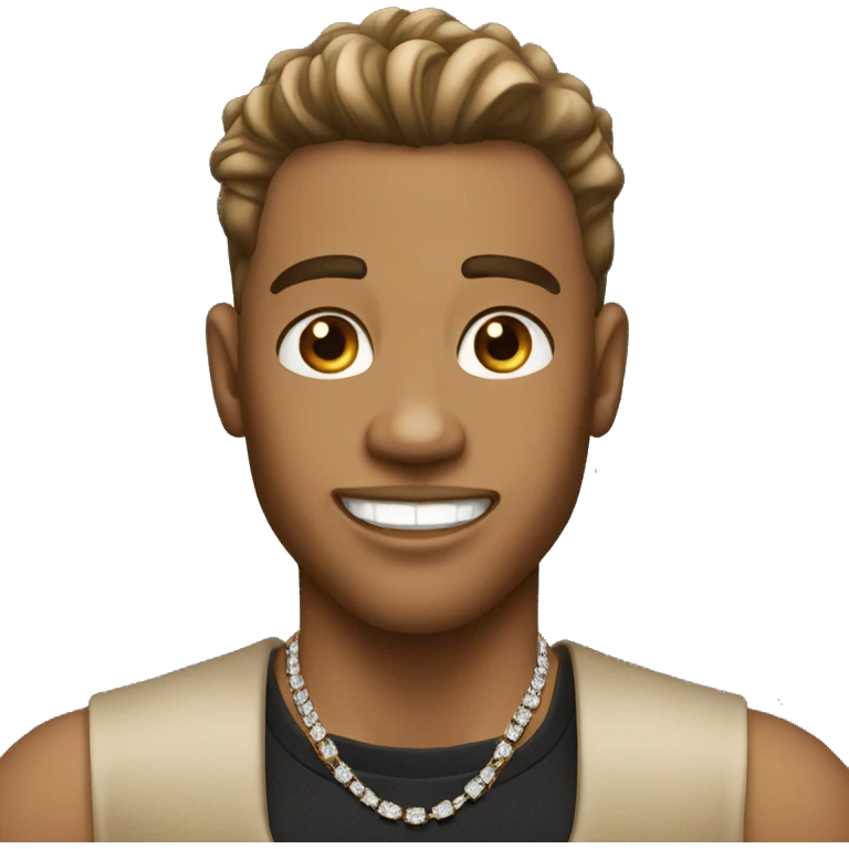 tan male with a hair fade wearing a black shirt wearing diamond chain with diamond grillz emoji
