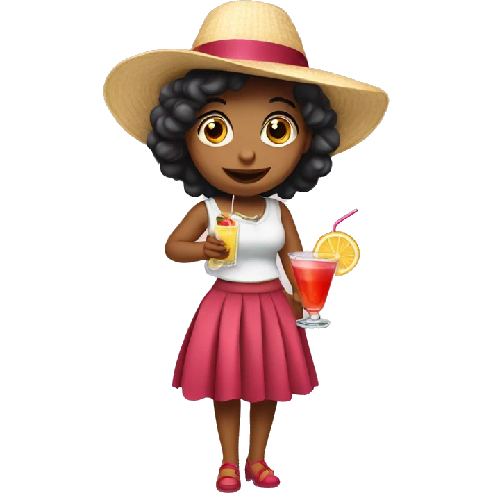 A little miss in a skirt wearing a hat and drinking a cocktail emoji