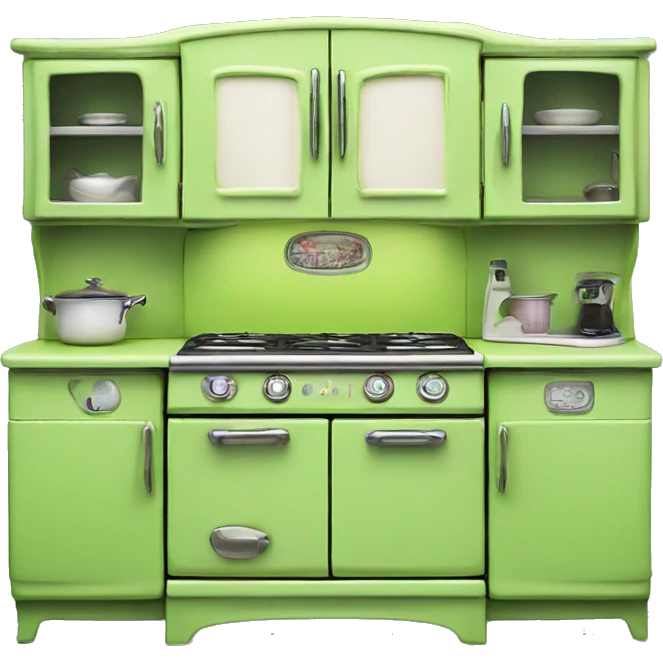 Isolated full length Realistic lime green vintage retro kitchen range with cabinets and counters. emoji