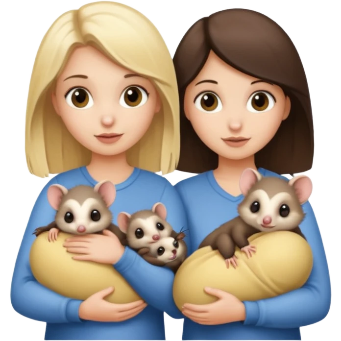 A blond girl and a brunette girl holding a baby possum  emoji