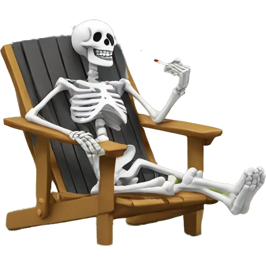 Skeleton relaxing in a lawn chair while holding a cigarette in between his fingers emoji