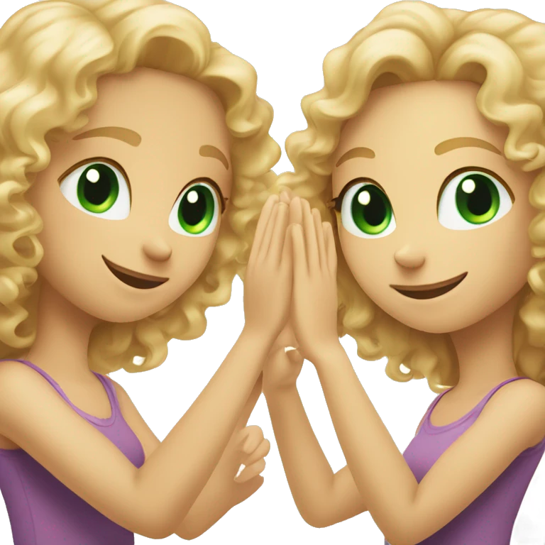 Curly haired girl with green eyes high fiving a blonde haired girl with green eyes emoji