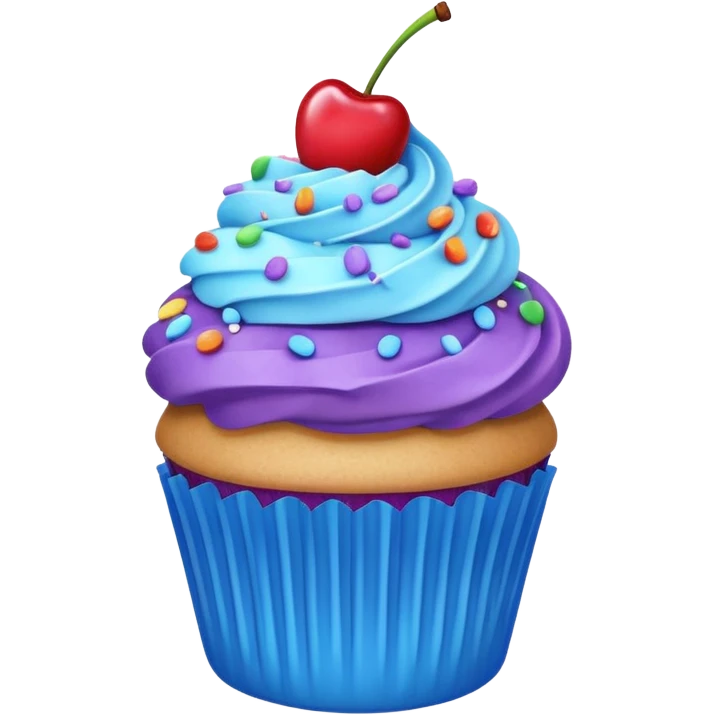 Cartoon Cupcake: blue cream, purple paper, sprinkles with cherry on top  emoji