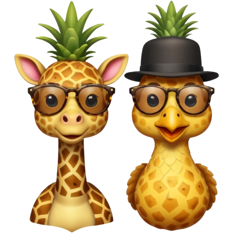 Hybrid of giraffe and chicken wearing pineapple sunglasses with a top hat emoji