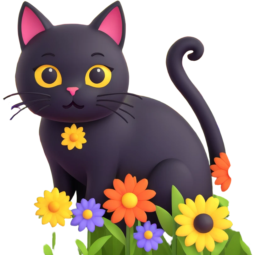 A black cat with a flower on its head in a field of flowers emoji