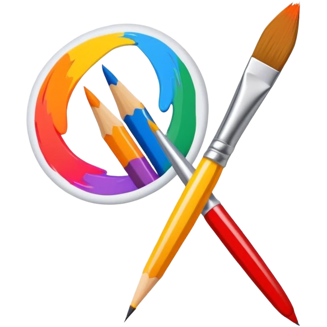 icon for Illustration hobbie, paintbrush and pencil under colurfull poster, simple lines, minimalistic style, transparent background. emoji