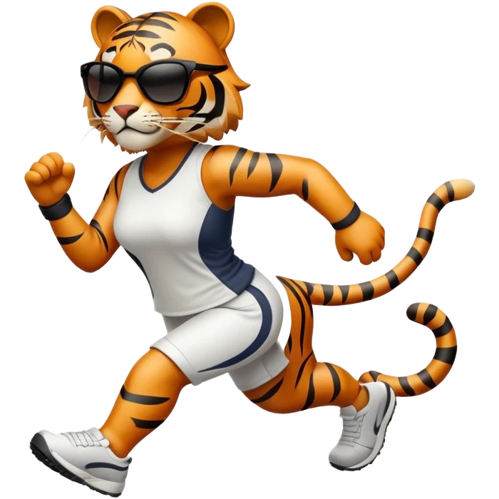 female energetic anthropomorphised tiger in sports clothes, wearing dark sunglasses, walking upright, dynamic pose emoji