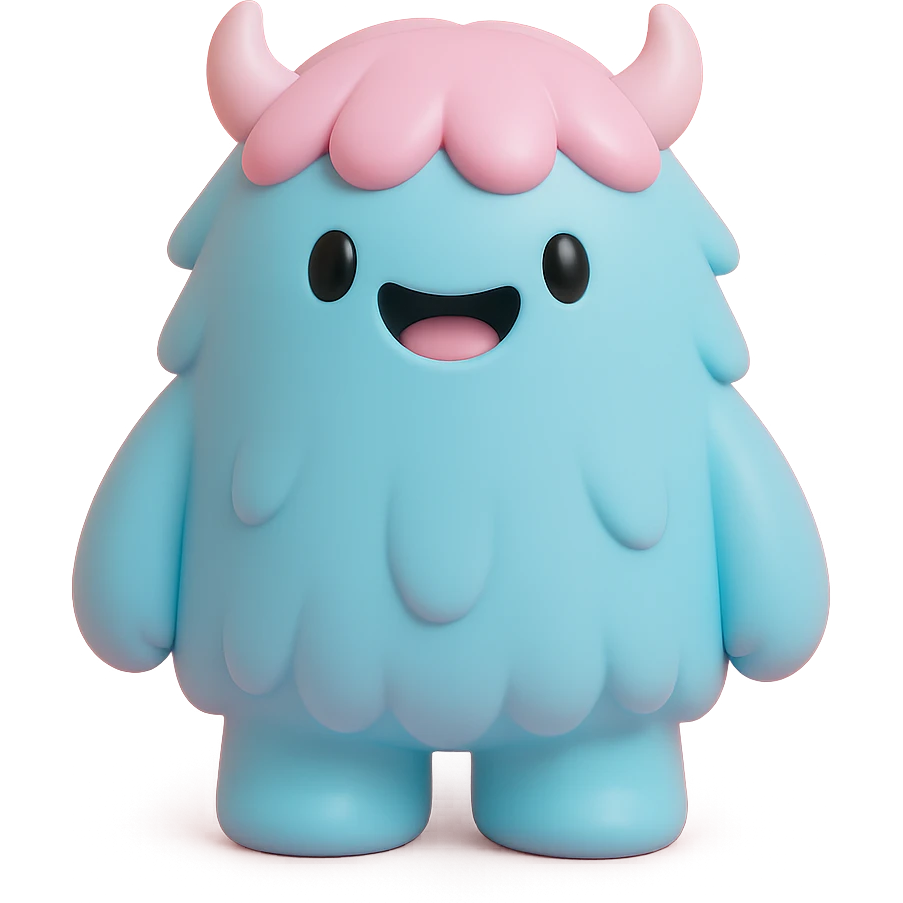 fluffy monster with long fur, tiny horns, cheerful expression, light blue and pink colors emoji