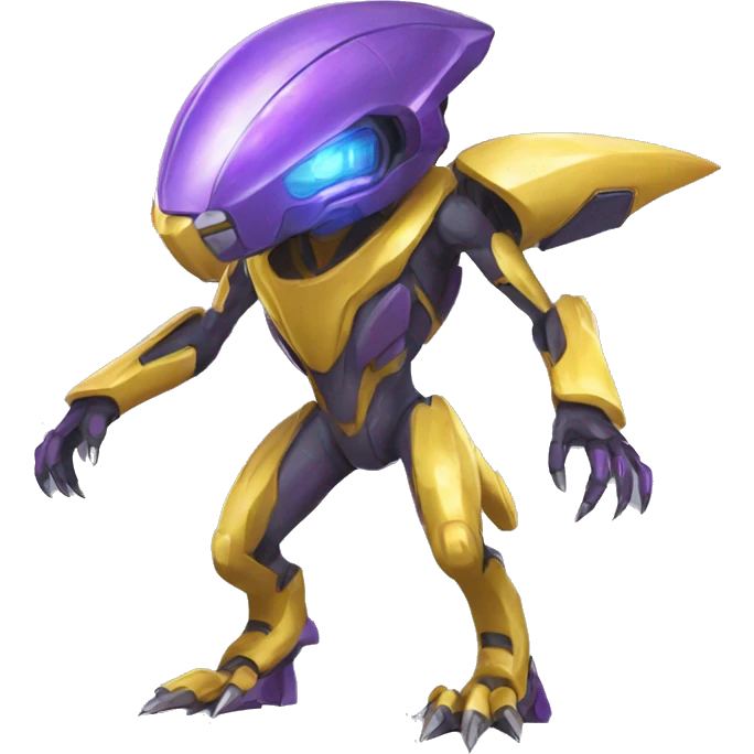 a shiny Genesect-Raptor-Fakémon—hybrid with a futuristic visor-helmet full body emoji