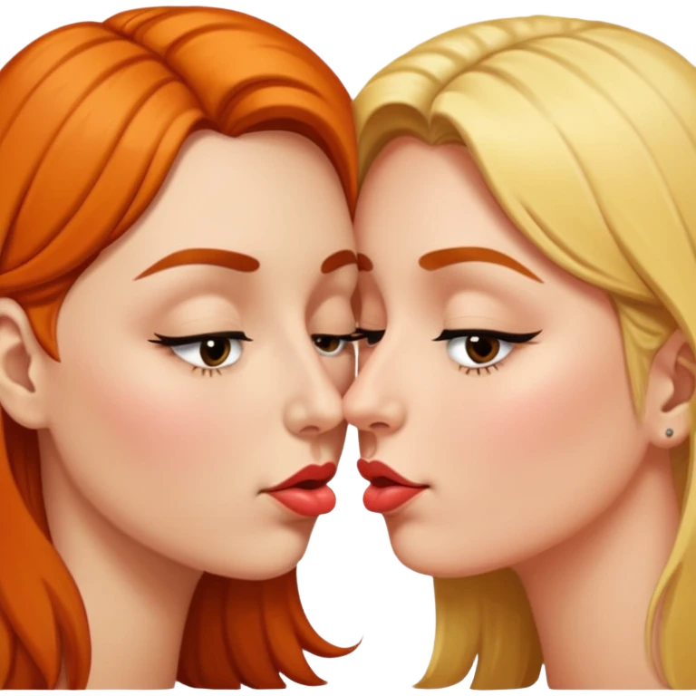 portrait two women nose-touch then kiss, one eye open teasing emoji