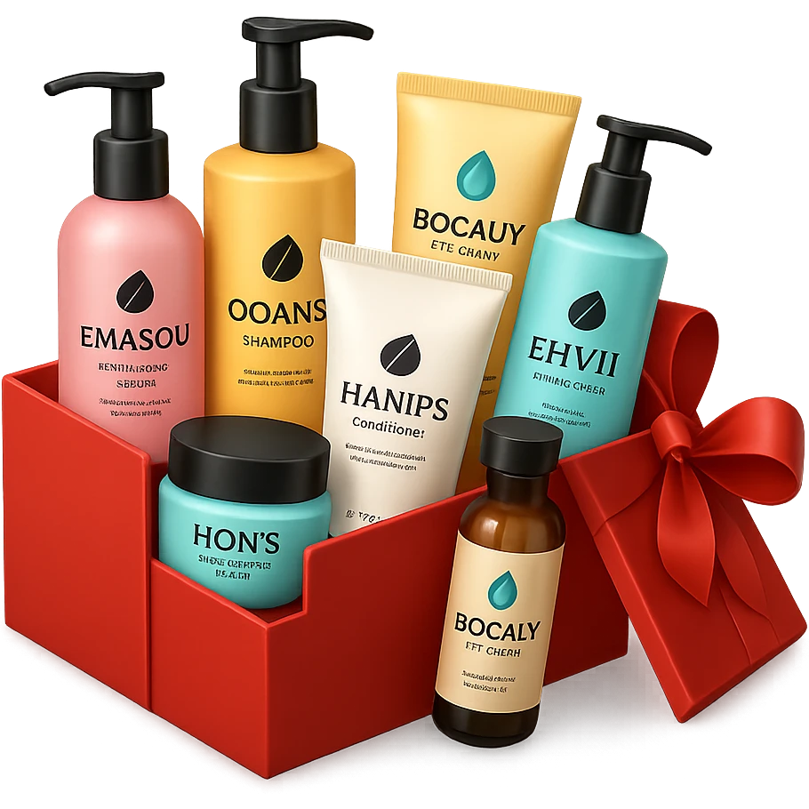 emoji of Gift box with beauty products (shampoo, creams, styling products), a gift box is beautyful open box full of luxury brand-labeled beauty products, with no background emoji