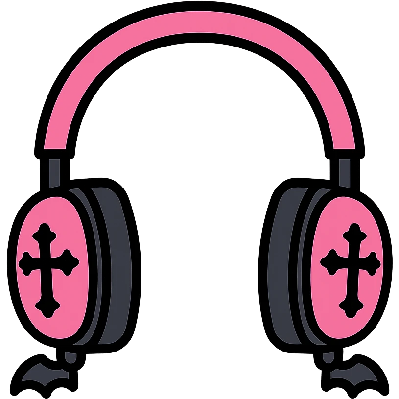 pink gothic headphones with black outlines, pink and black gothic accents, color outline style emoji